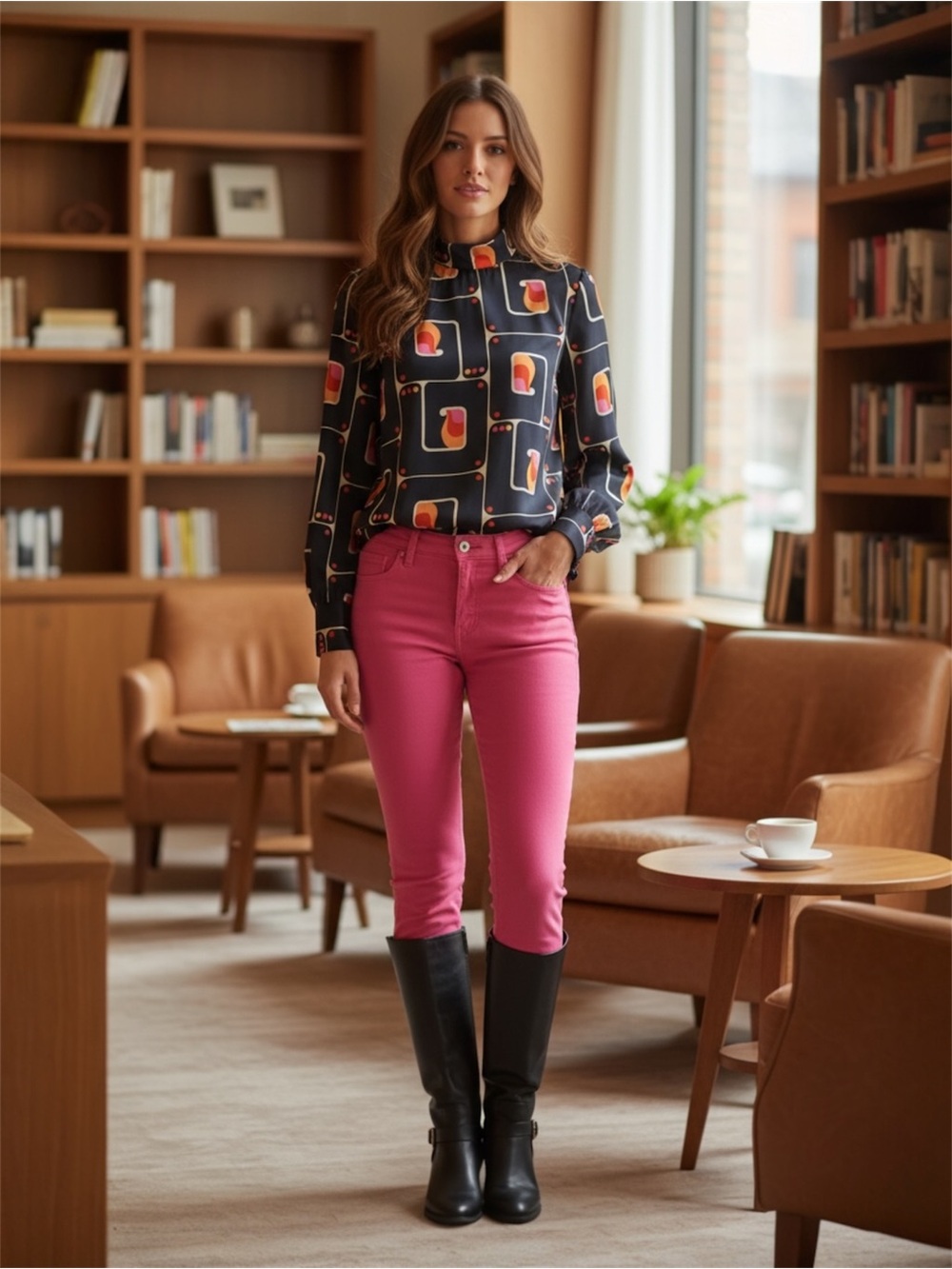 Zara Navy Blue Pink Orange Abstract Retro Print Design Blouse